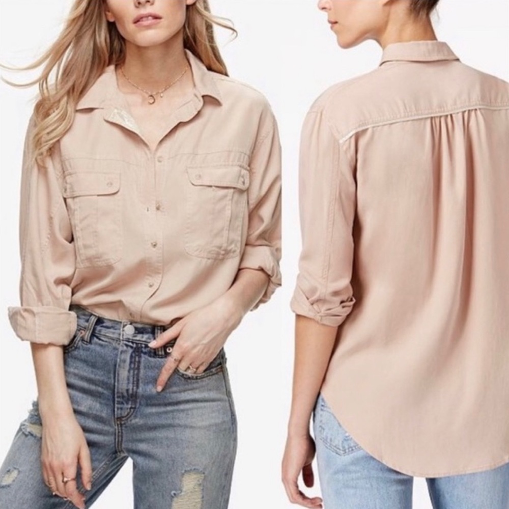 Price your price please Free People Off Campus metallic button shirt blush pink